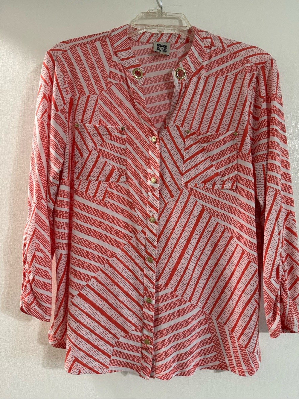 Anne Klein Orange and White Geometric Button-Front Blouse